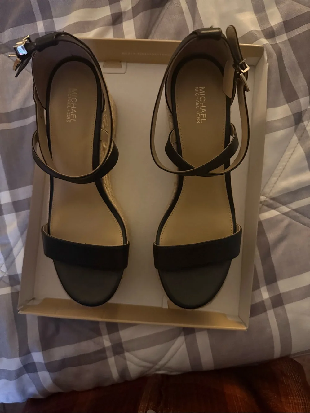 Michael Kors Black Leather Espadrille Wedge Sandals